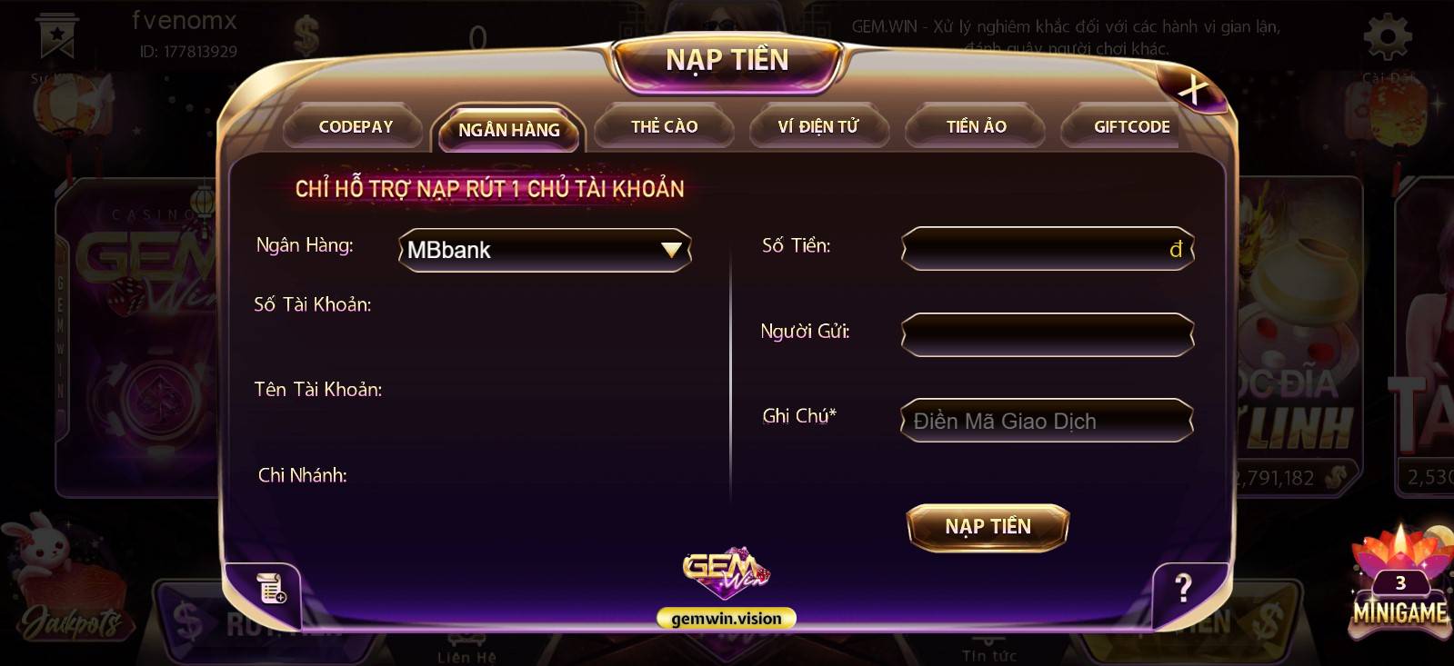 Nạp tiền vào Gemwin qua ngân hàng Nạp tiền vào Gemwin qua ngân hàng