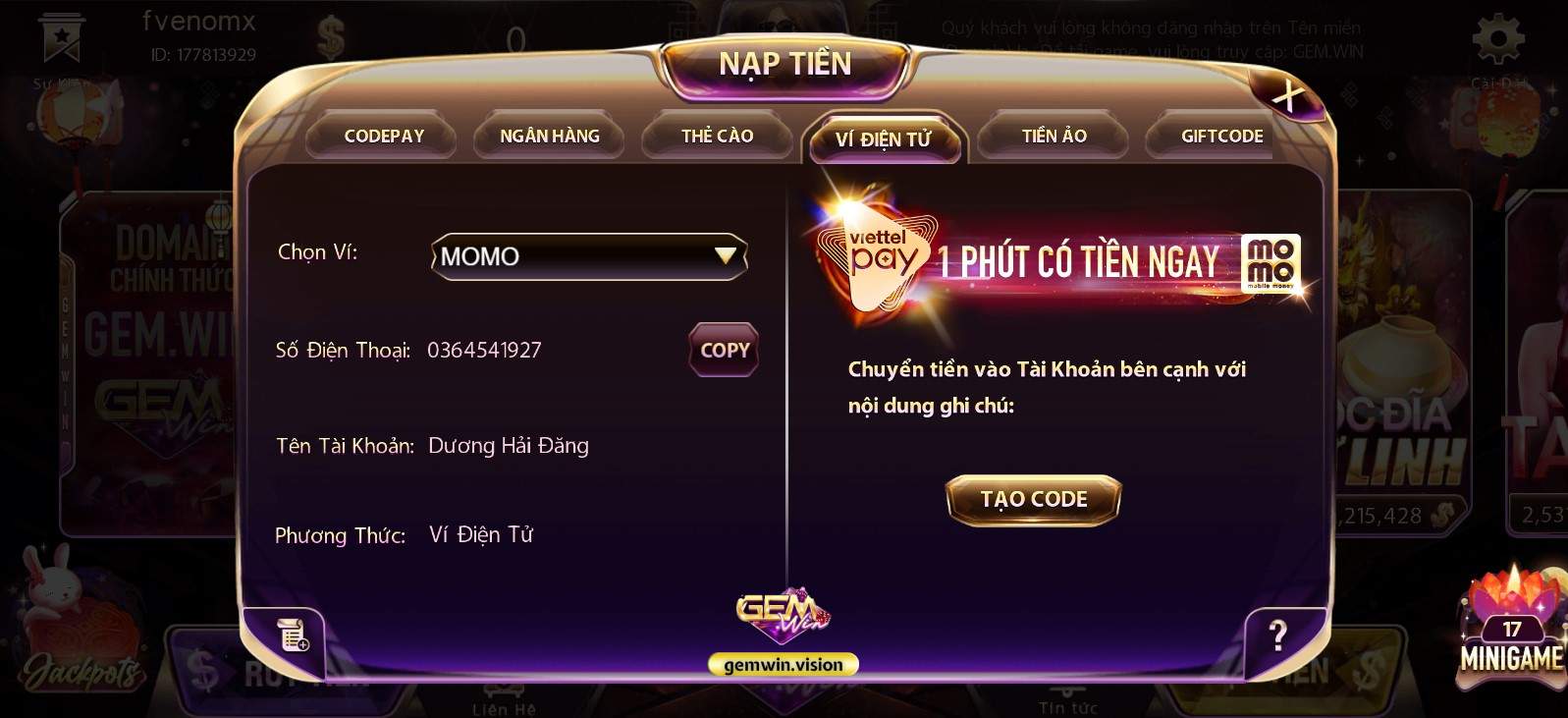 Nạp tiền vào Gemwin qua Ví điện tử Nạp tiền vào Gemwin qua Ví điện tử